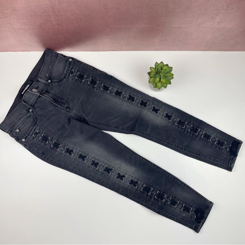 Express Black Mid Rise Ankle Legging Criss Cross Tie Denim Jeans Women 4 Petite